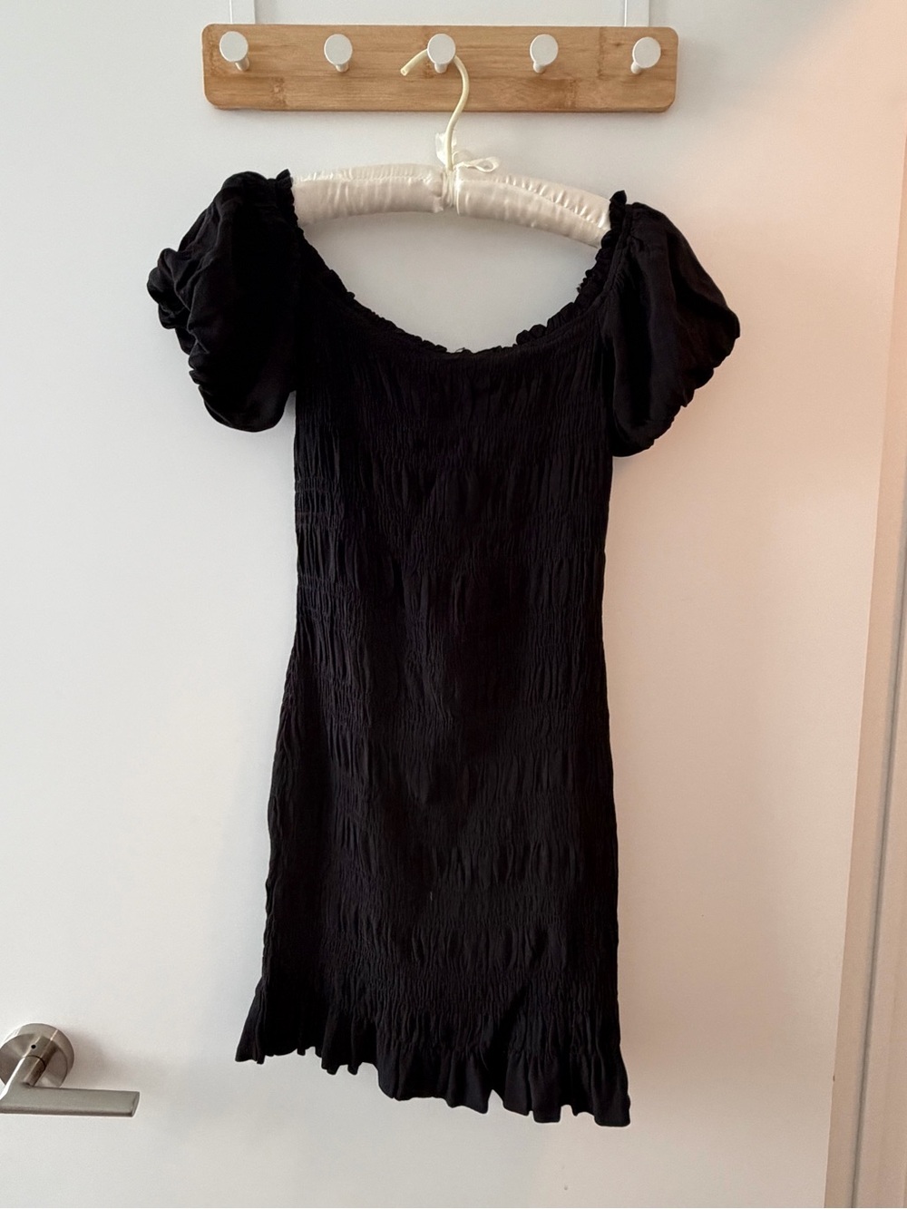 H&M Black Smocked Puff Off Shoulder Mini Dress